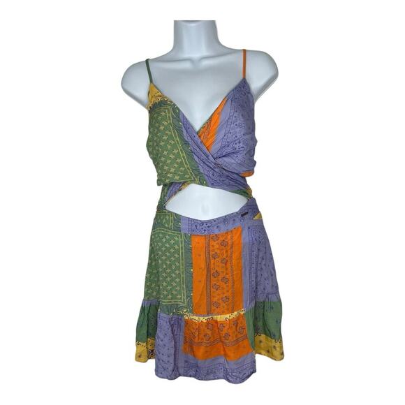 Maaji Florentina Mini Dress Small Bandana Patchwork Pastel Boho Festival Smocked - Picture 2 of 13